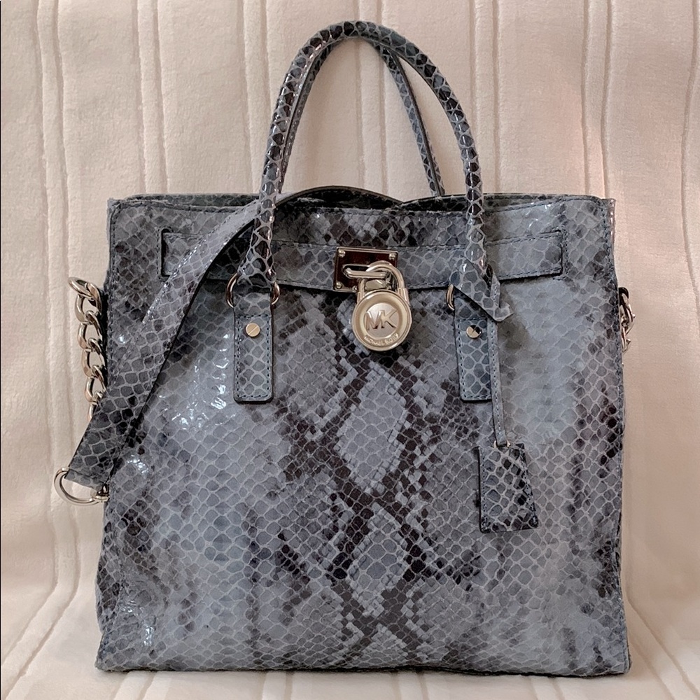 Michael Kors Hamilton Leather Tote Luxurious Phython Texture Blue Gray Silver